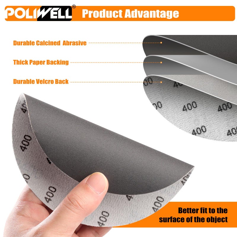 POLIWELL 6 Inch (150mm) 400 Grit Sanding Discs, Waterproof Hook & Loop Heavy Duty Silicon Carbide Round Flocking Sandpaper for Wet/Dry Sanding Grinder Polishing Accessories, 20-Pack - Image 3